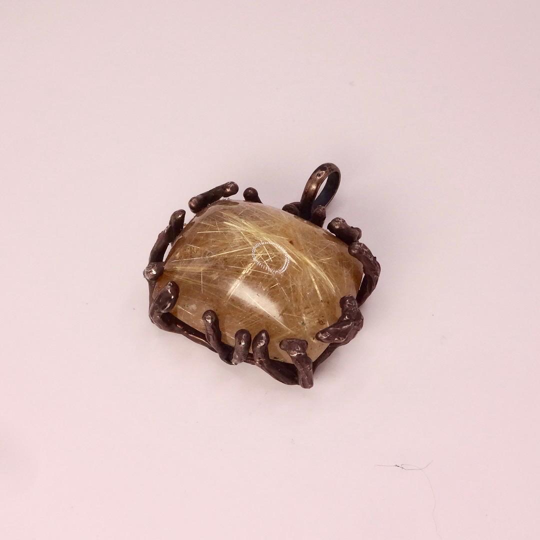 Vintage Rutilated Quartz Black Velvet Choker Pendant 925 Sterling Silver