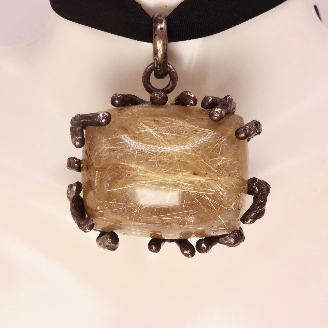 Vintage Rutilated Quartz Black Velvet Choker Pendant 925 Sterling Silver
