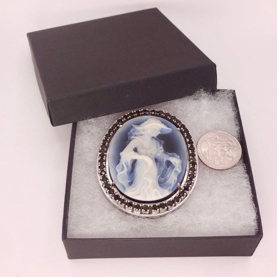 Vintage Moon Goddess Genuine Black Onyx Cameo Gold Sterling Silver Necklace Pin Brooch