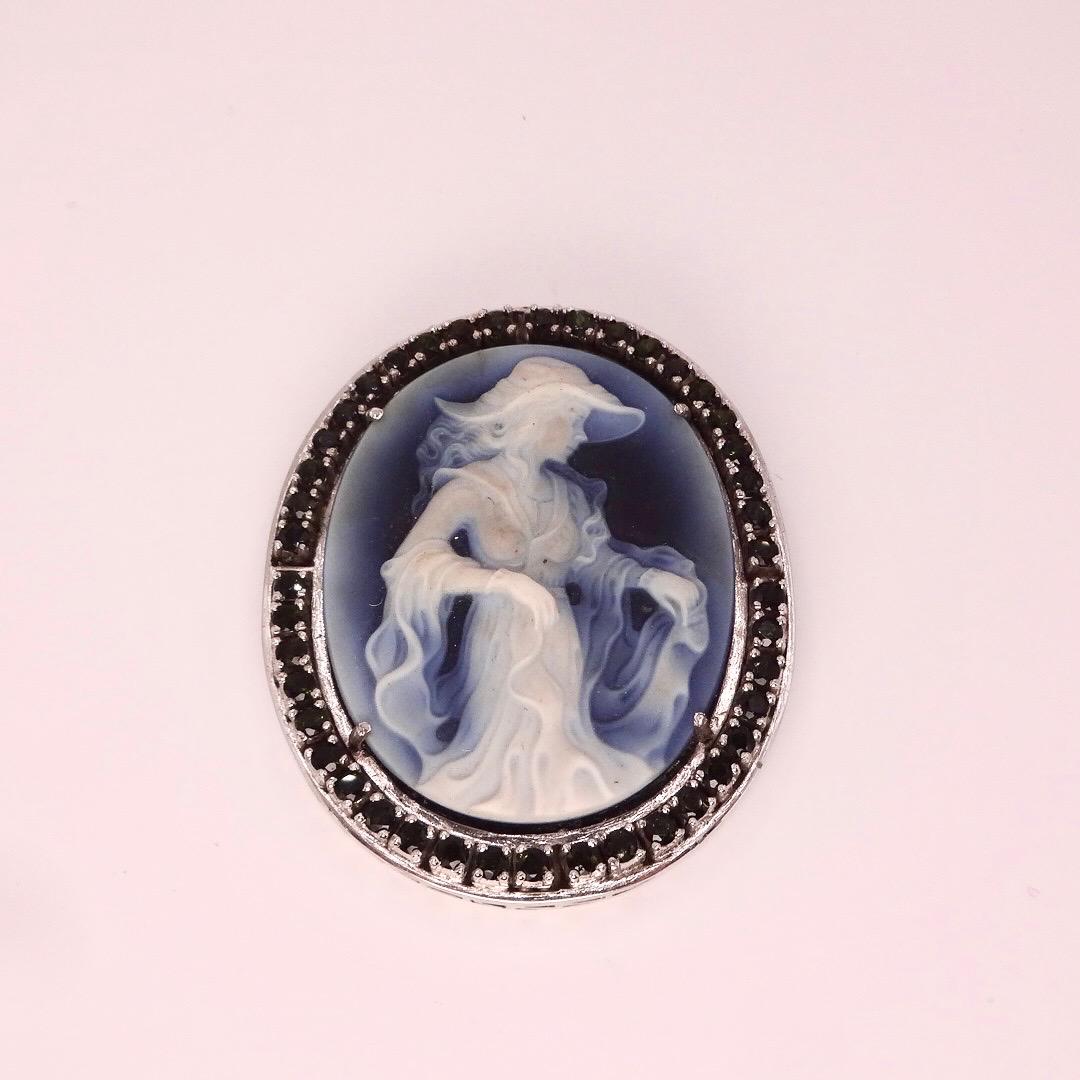 Vintage Moon Goddess Genuine Black Onyx Cameo Gold Sterling Silver Necklace Pin Brooch