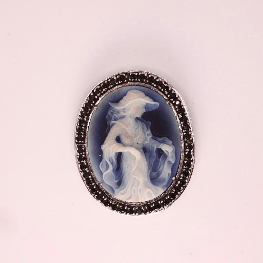 Vintage Moon Goddess Genuine Black Onyx Cameo Gold Sterling Silver Necklace Pin Brooch