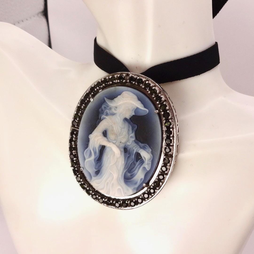 Vintage Moon Goddess Genuine Black Onyx Cameo Gold Sterling Silver Necklace Pin Brooch