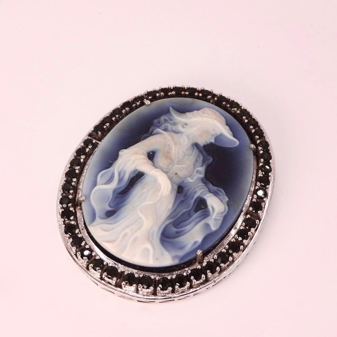 Vintage Moon Goddess Genuine Black Onyx Cameo Gold Sterling Silver Necklace Pin Brooch