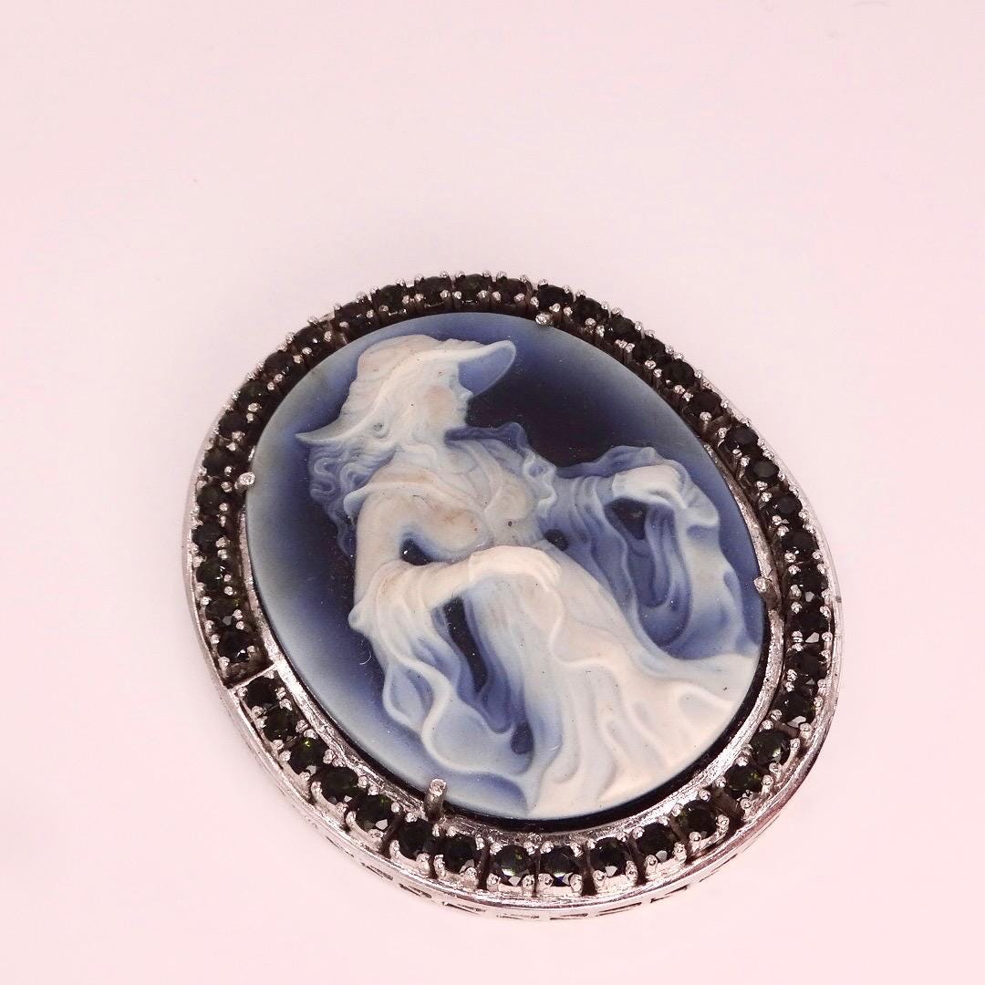 Vintage Moon Goddess Genuine Black Onyx Cameo Gold Sterling Silver Necklace Pin Brooch