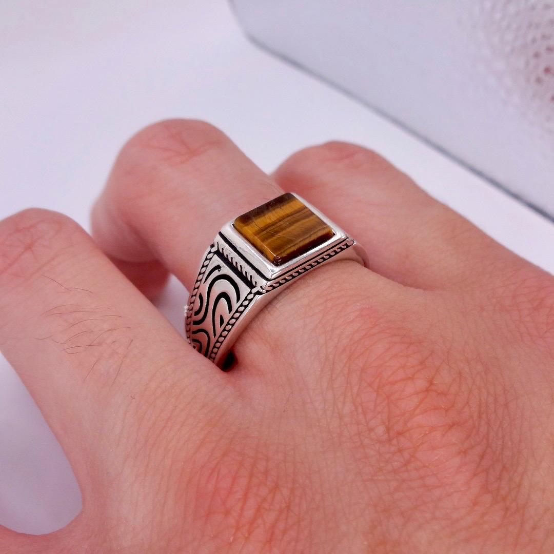 Vintage Tigers Eye Mens Ring 925 Sterling Silver