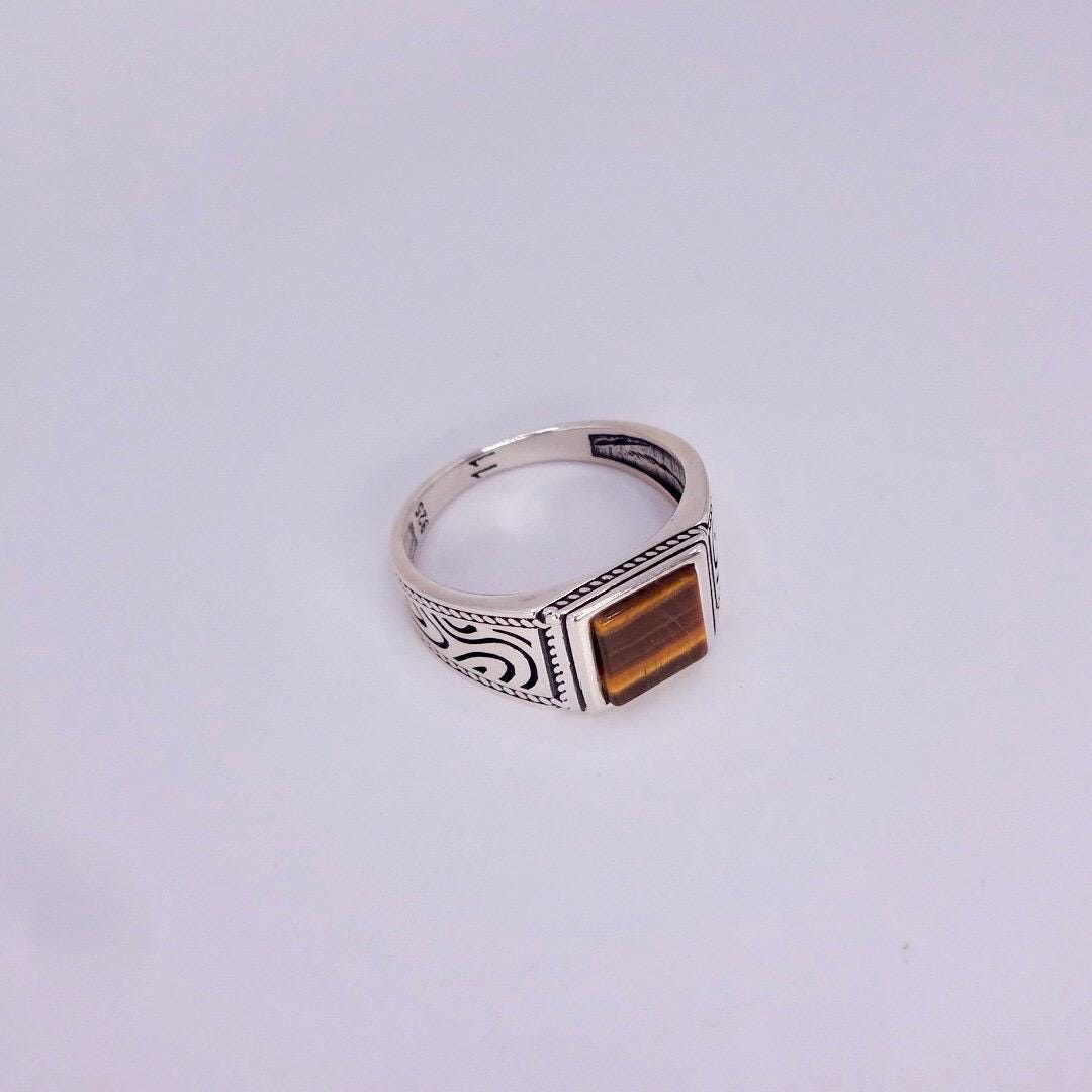 Vintage Tigers Eye Mens Ring 925 Sterling Silver