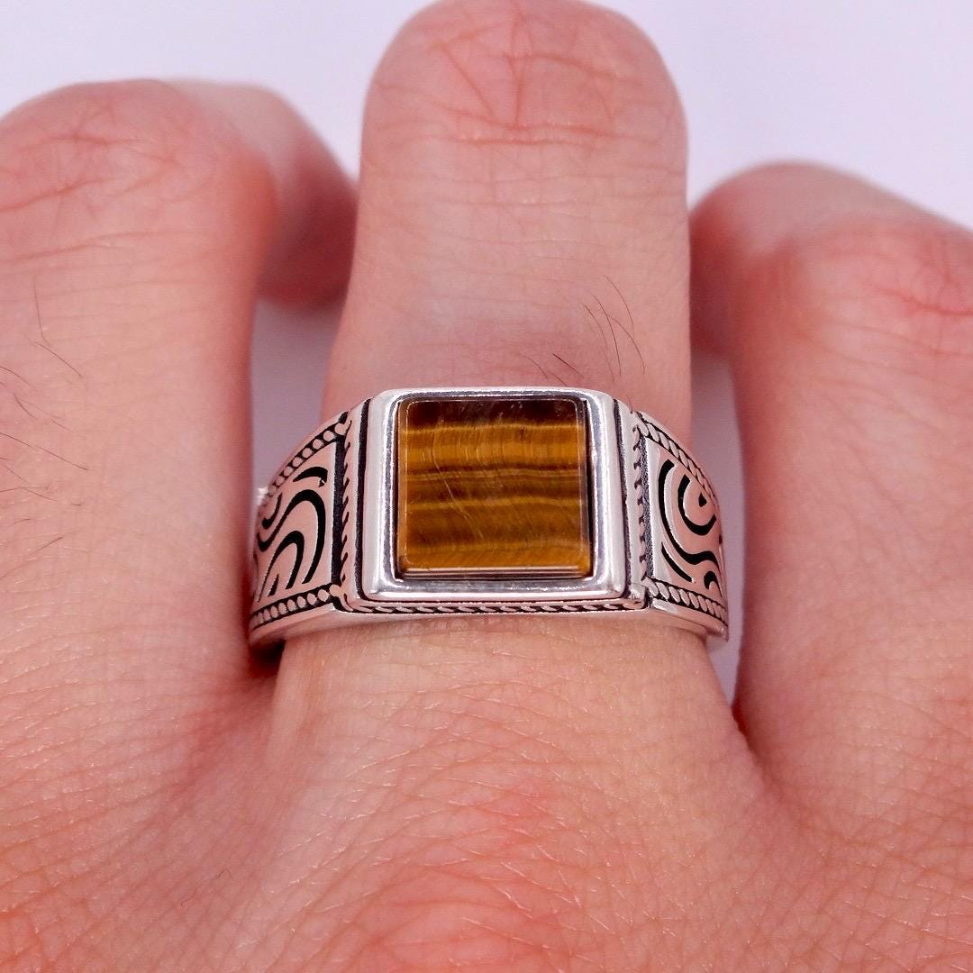 Vintage Tigers Eye Mens Ring 925 Sterling Silver
