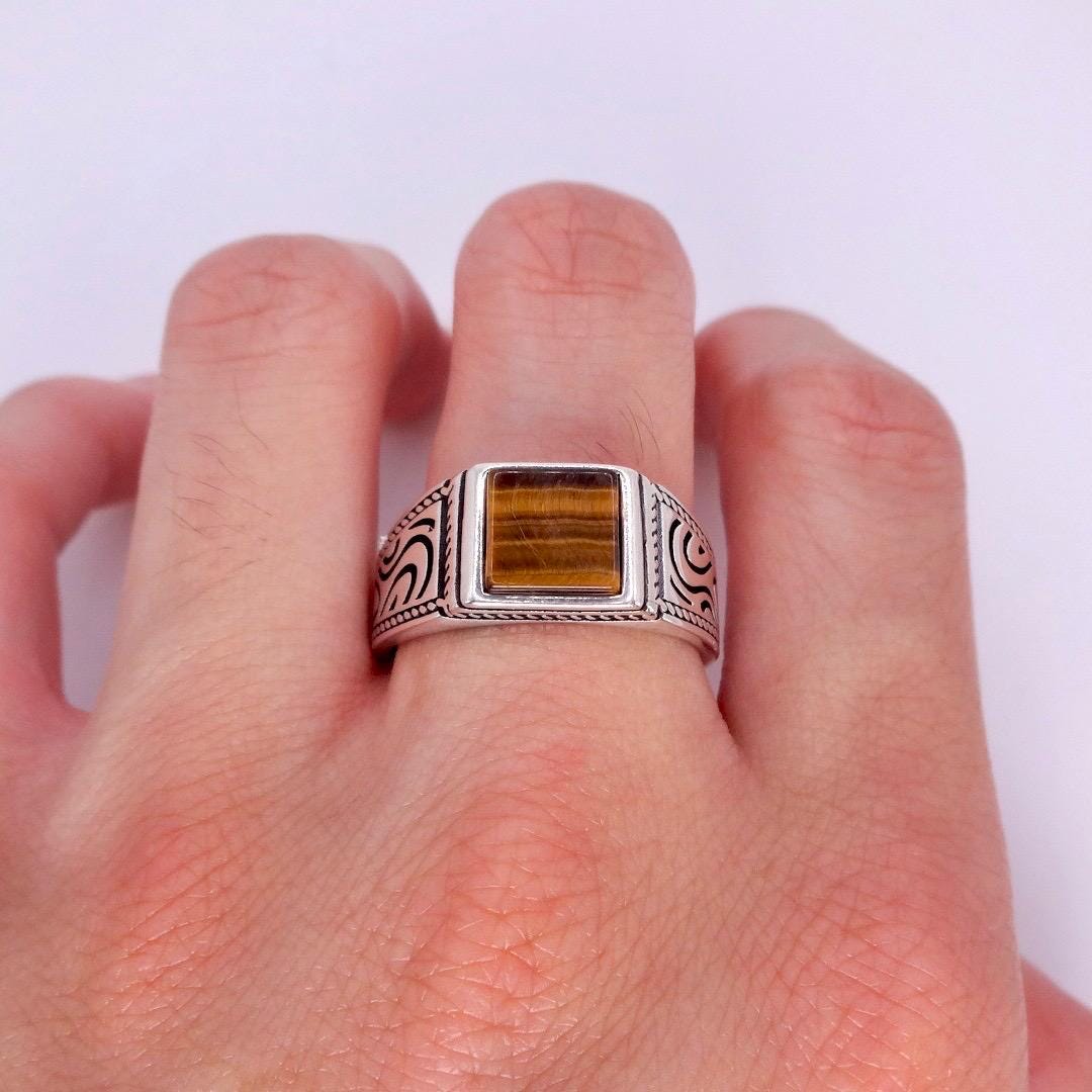 Vintage Tigers Eye Mens Ring 925 Sterling Silver