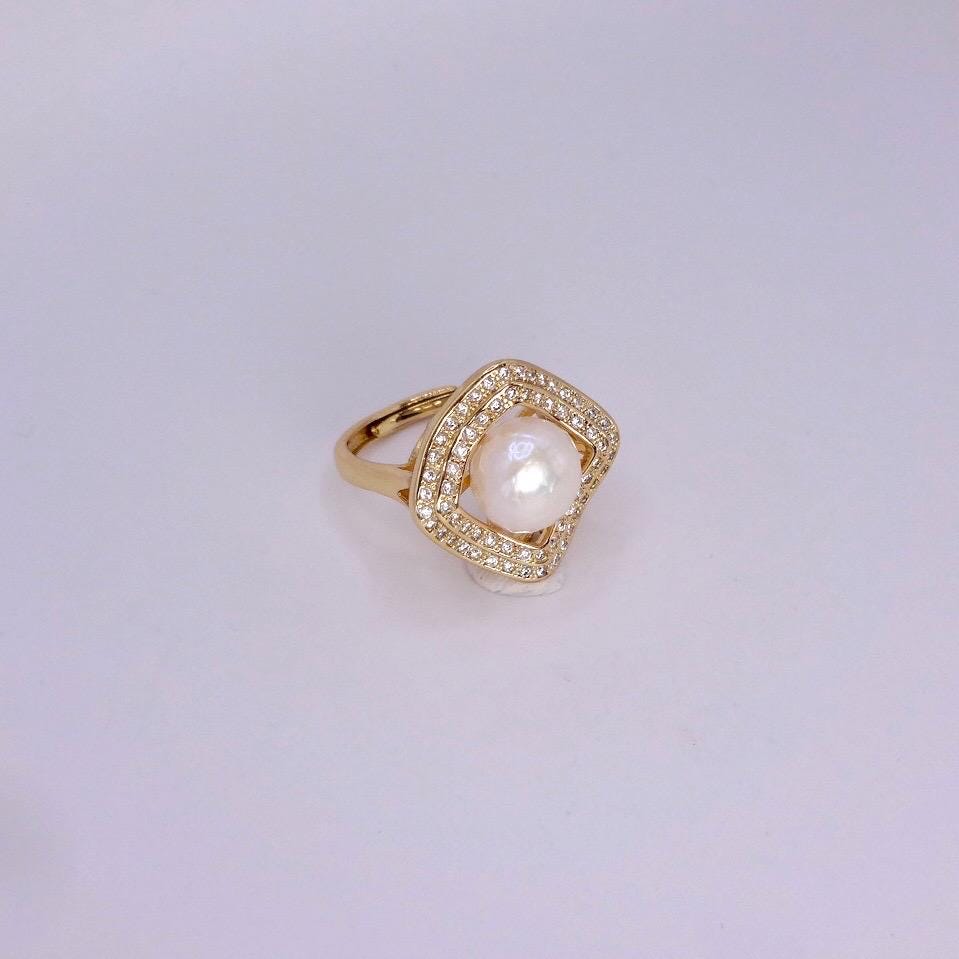 Vintage Biwa Pearl Ring Golden 925 Sterling Silver Cocktail Statement Adjustable