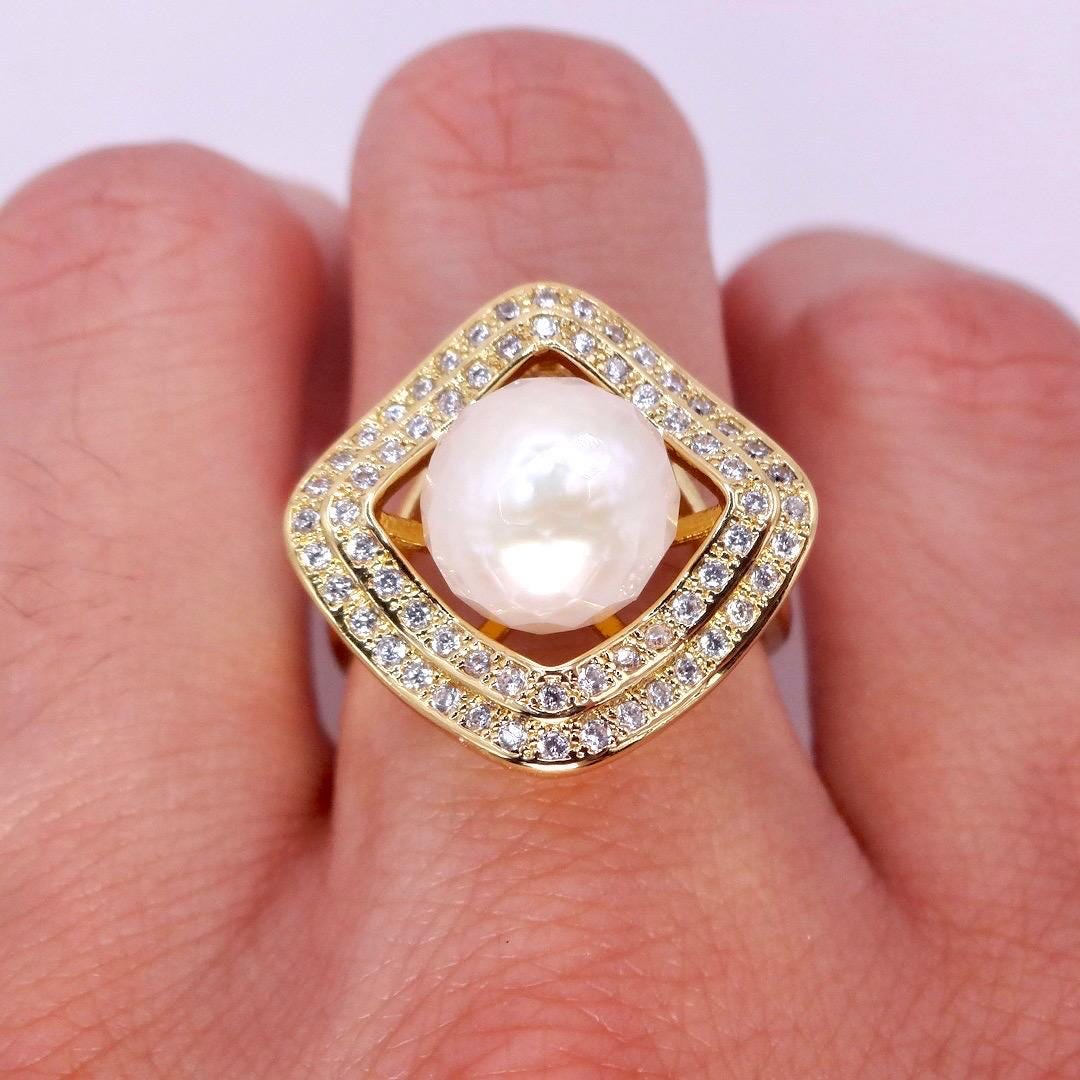 Vintage Biwa Pearl Ring Golden 925 Sterling Silver Cocktail Statement Adjustable