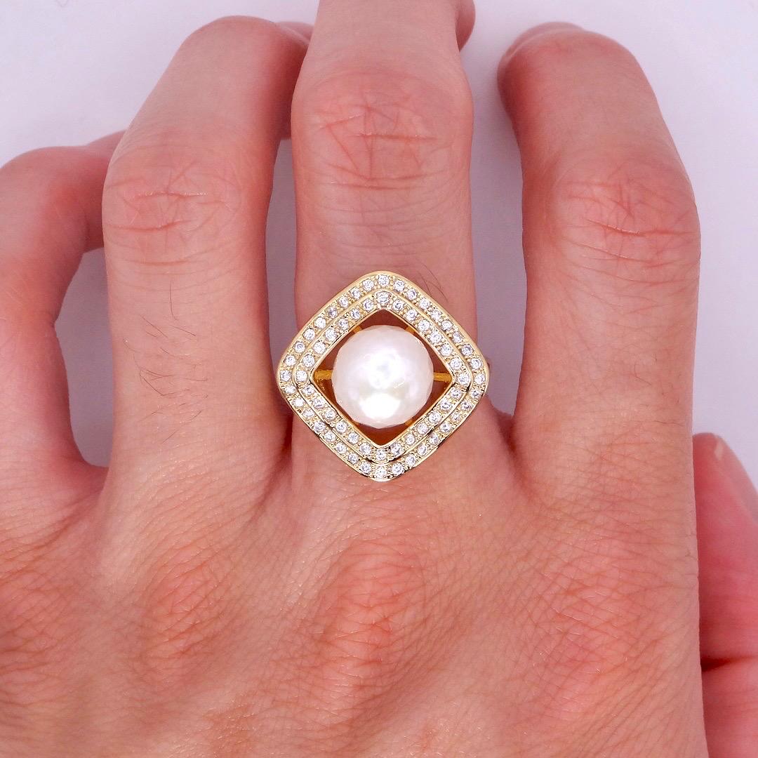 Vintage Biwa Pearl Ring Golden 925 Sterling Silver Cocktail Statement Adjustable