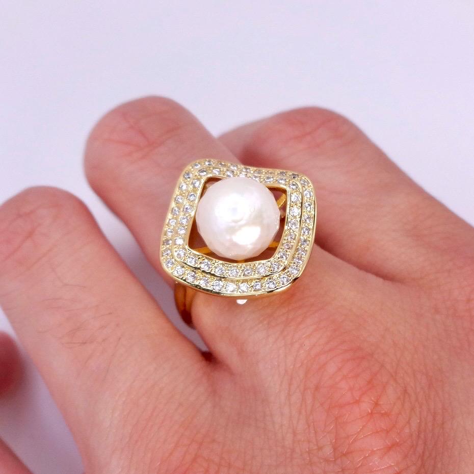 Vintage Biwa Pearl Ring Golden 925 Sterling Silver Cocktail Statement Adjustable