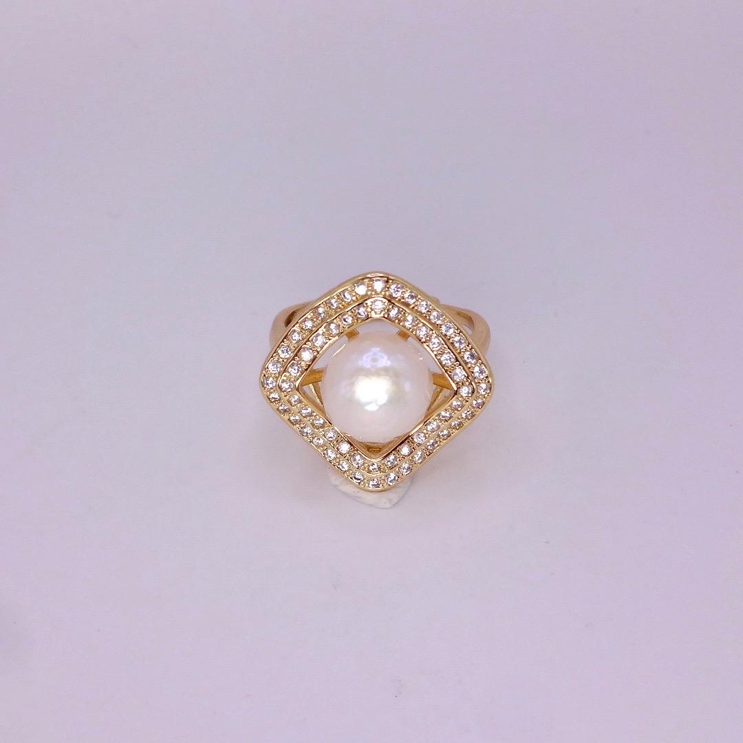 Vintage Biwa Pearl Ring Golden 925 Sterling Silver Cocktail Statement Adjustable