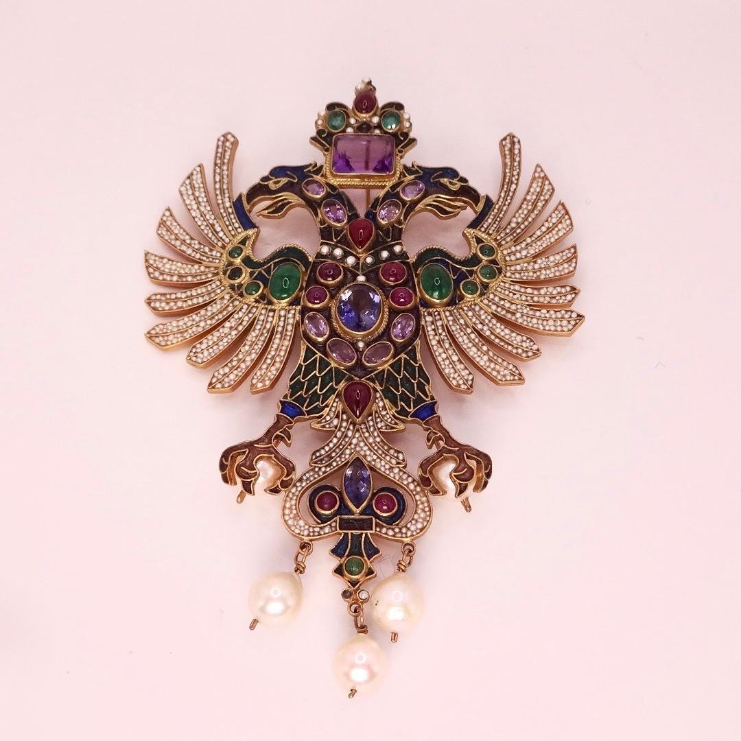 Vintage Garnet Pearl Enamel Austro Hungarian 925 Sterling Silver Brooch/Pendant