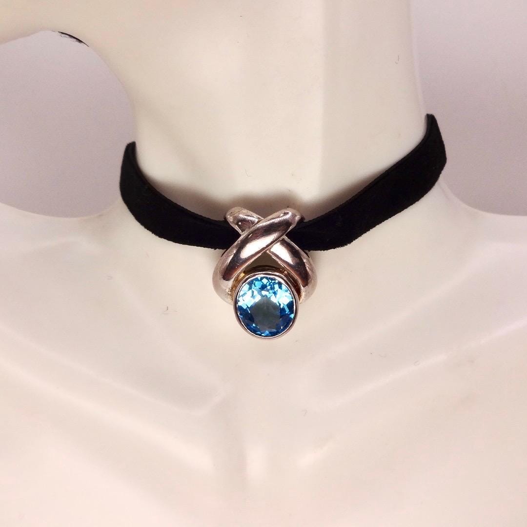 Vintage Genuine Blue Topaz 925 Sterling Silver Deco Choker Necklace Pendant
