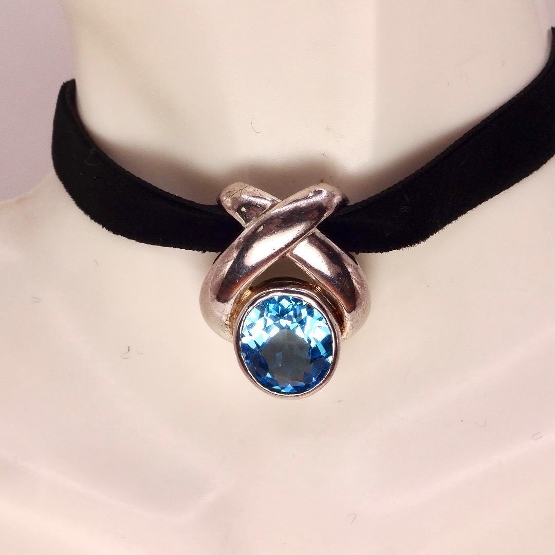 Vintage Genuine Blue Topaz 925 Sterling Silver Deco Choker Necklace Pendant