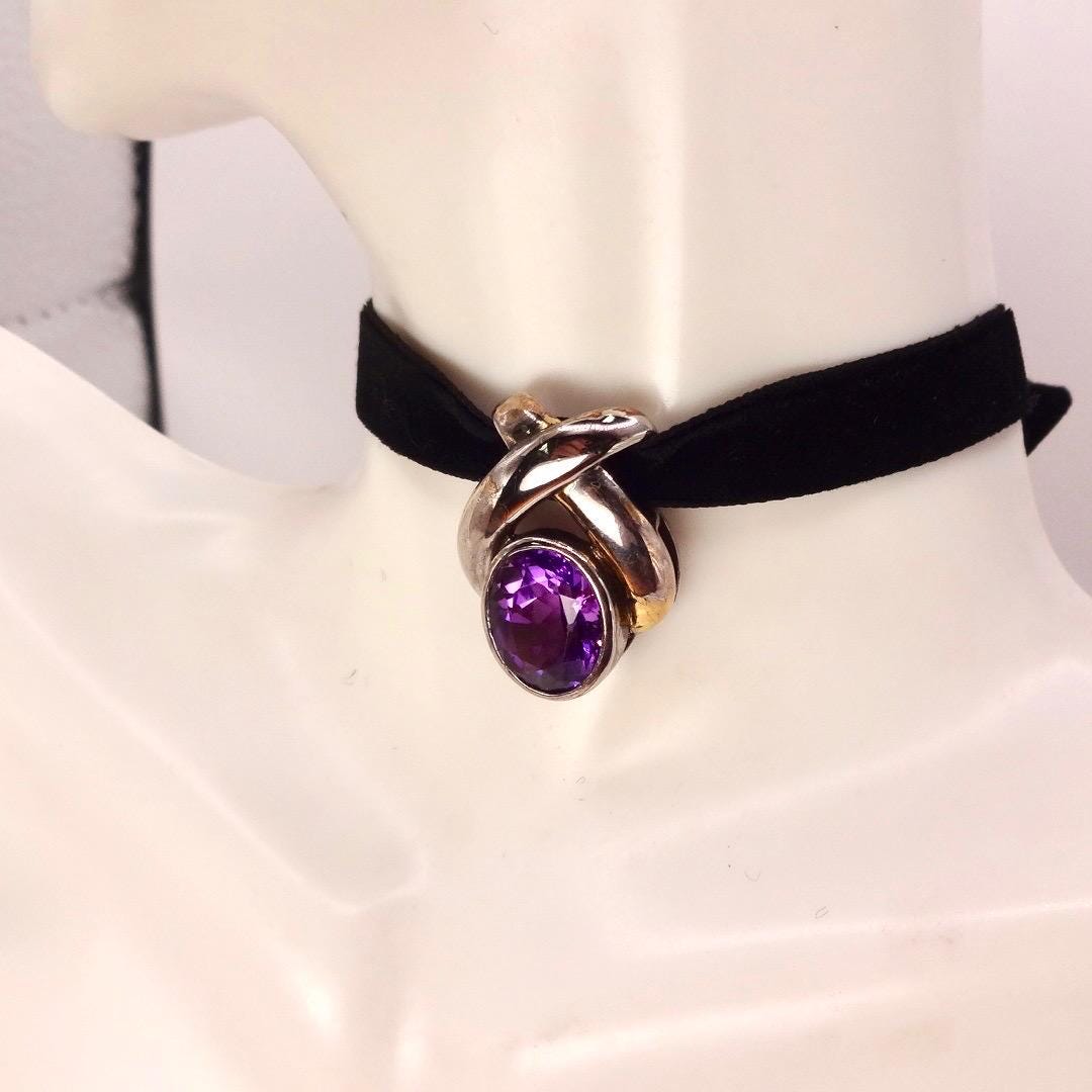 Vintage Purple Amethyst Choker 925 Sterling Silver Pendant Necklace