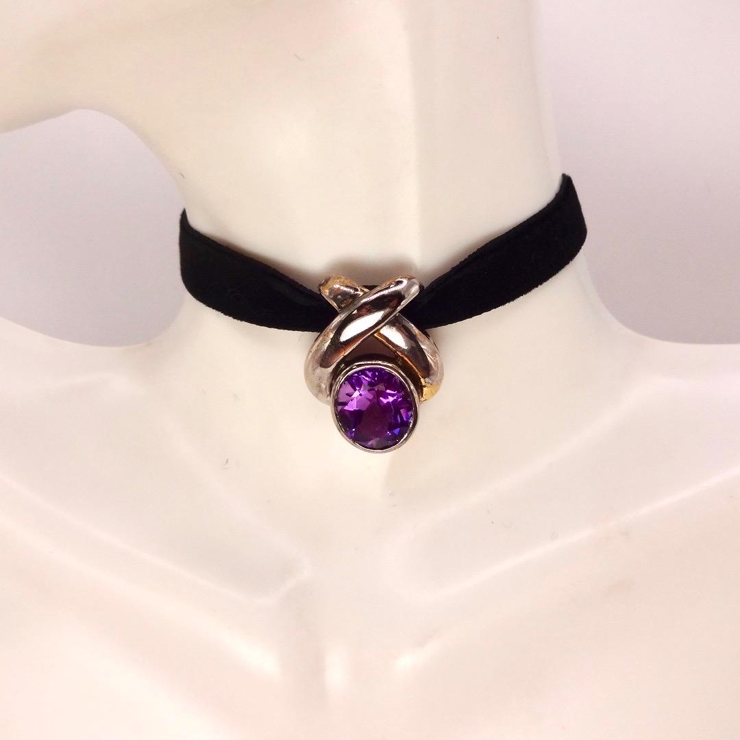 Vintage Purple Amethyst Choker 925 Sterling Silver Pendant Necklace