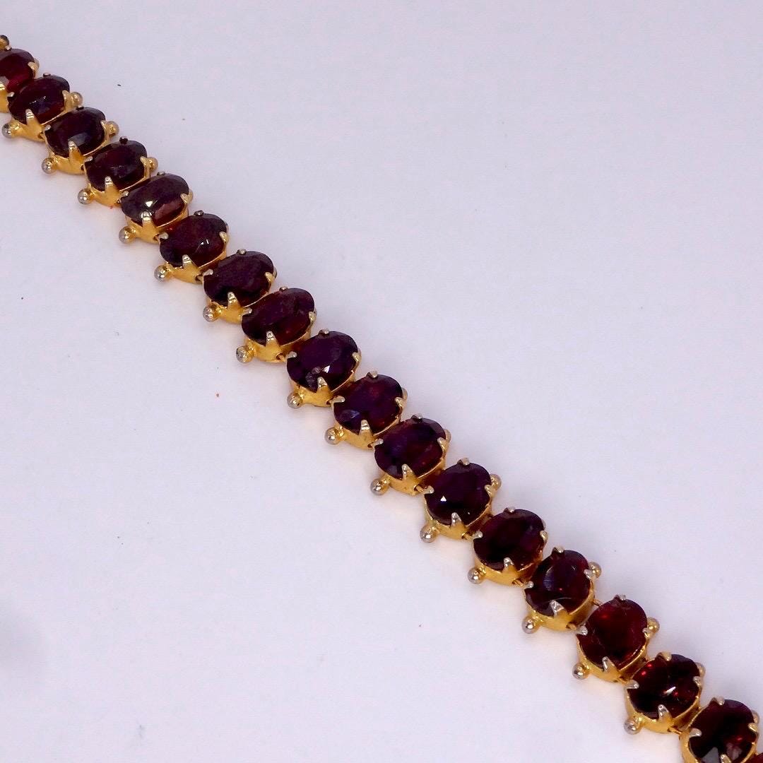 Vintage Red Garnet Bracelet Golden 925 Sterling Silver Deco Tennis