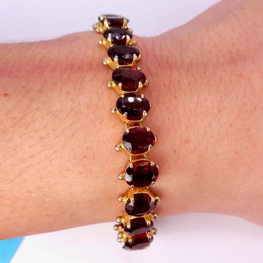 Vintage Red Garnet Bracelet Golden 925 Sterling Silver Deco Tennis