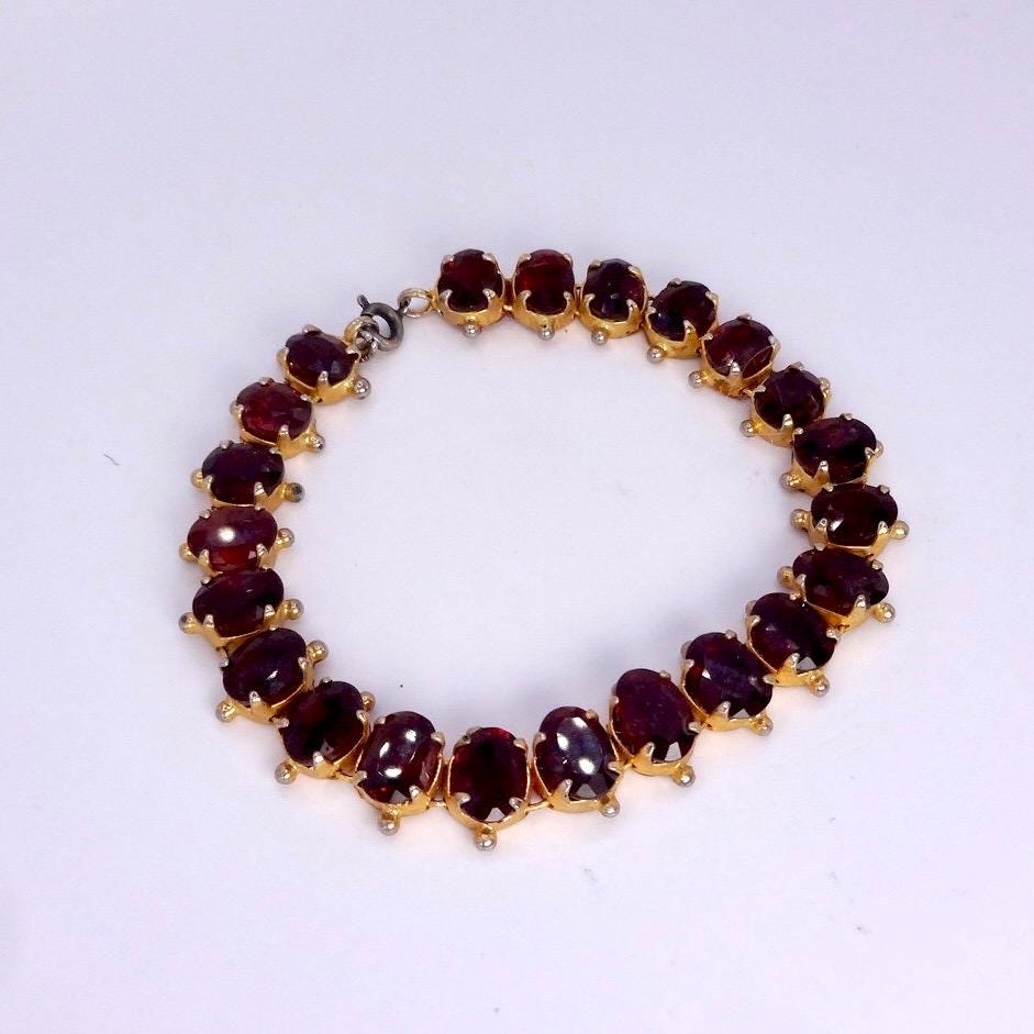 Vintage Red Garnet Bracelet Golden 925 Sterling Silver Deco Tennis
