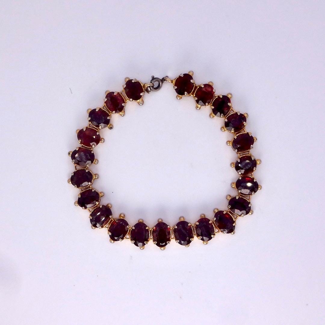 Vintage Red Garnet Bracelet Golden 925 Sterling Silver Deco Tennis