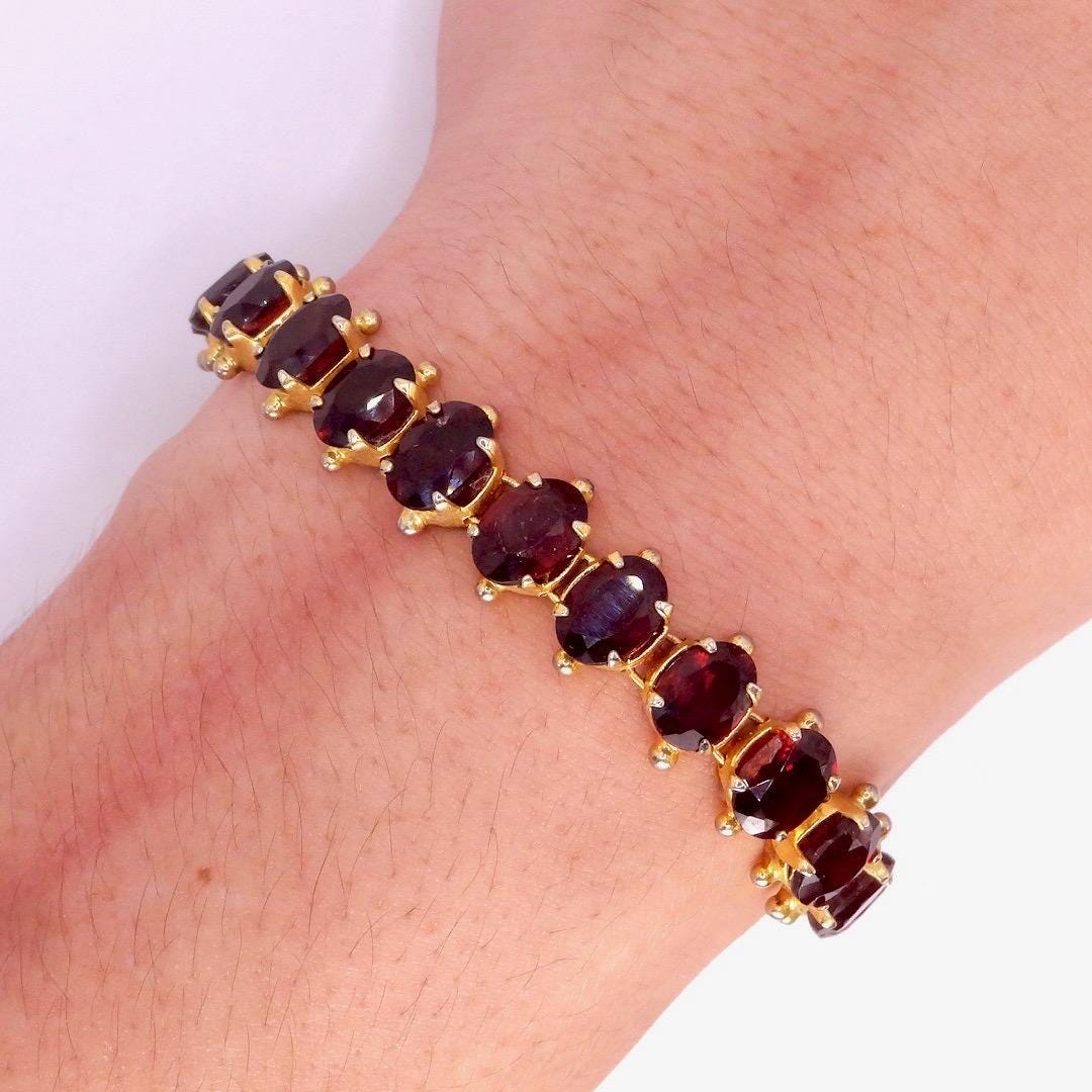 Vintage Red Garnet Bracelet Golden 925 Sterling Silver Deco Tennis
