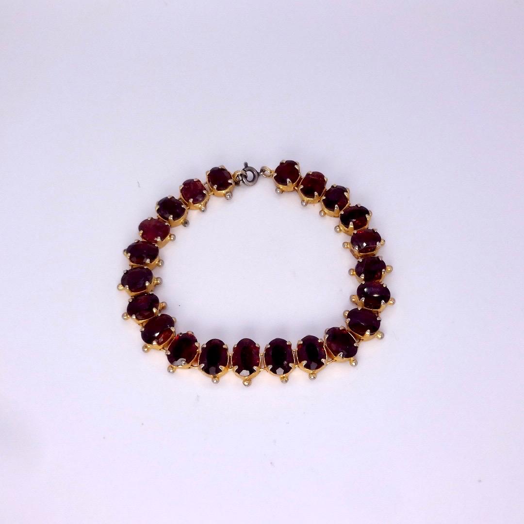 Vintage Red Garnet Bracelet Golden 925 Sterling Silver Deco Tennis