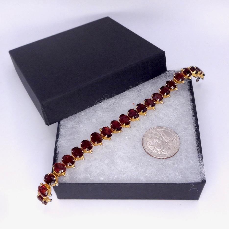 Vintage Red Garnet Bracelet Golden 925 Sterling Silver Deco Tennis