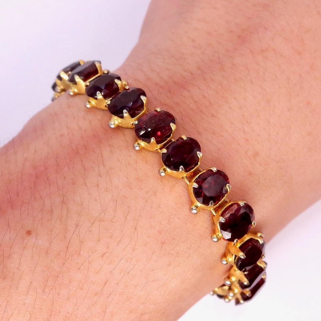 Vintage Red Garnet Bracelet Golden 925 Sterling Silver Deco Tennis