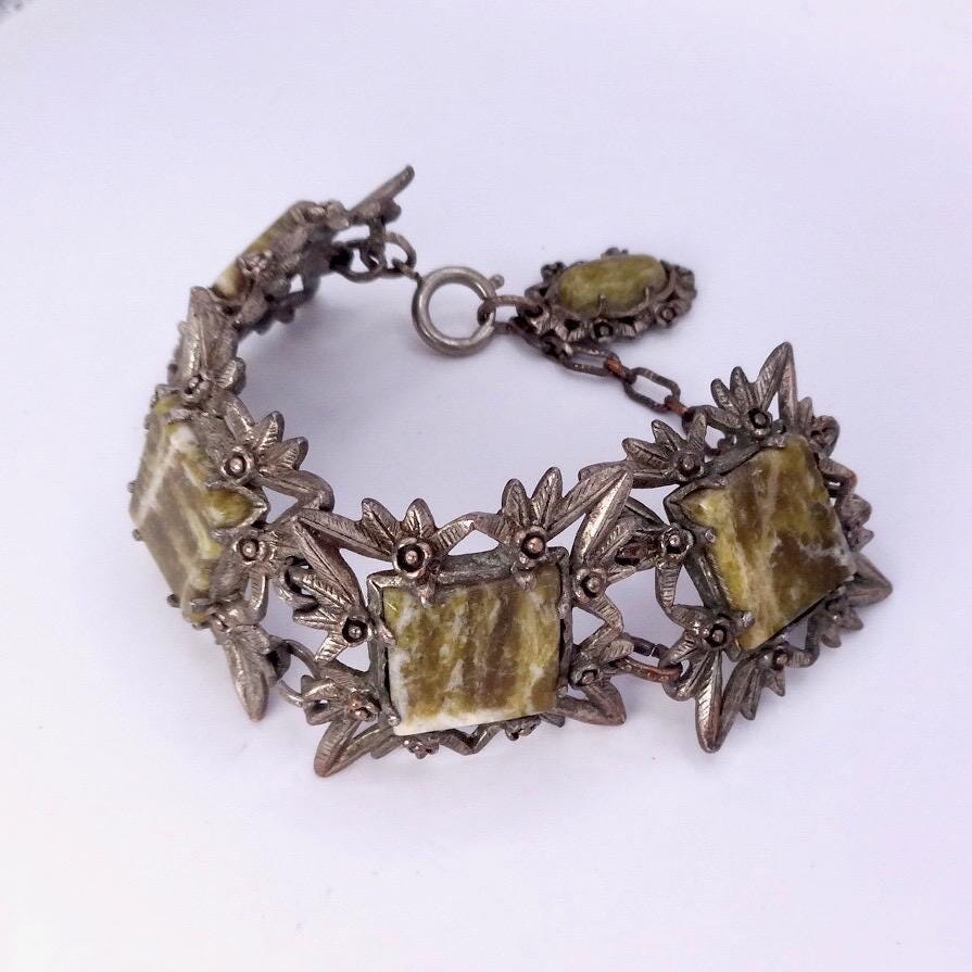 Vintage Gothic Silver Pewter Green Onyx Bracelet