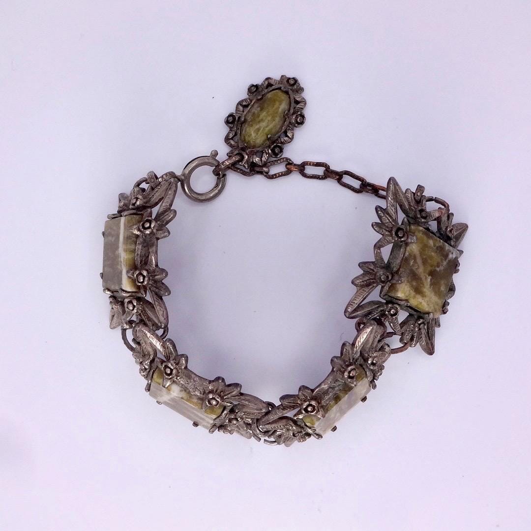 Vintage Gothic Silver Pewter Green Onyx Bracelet