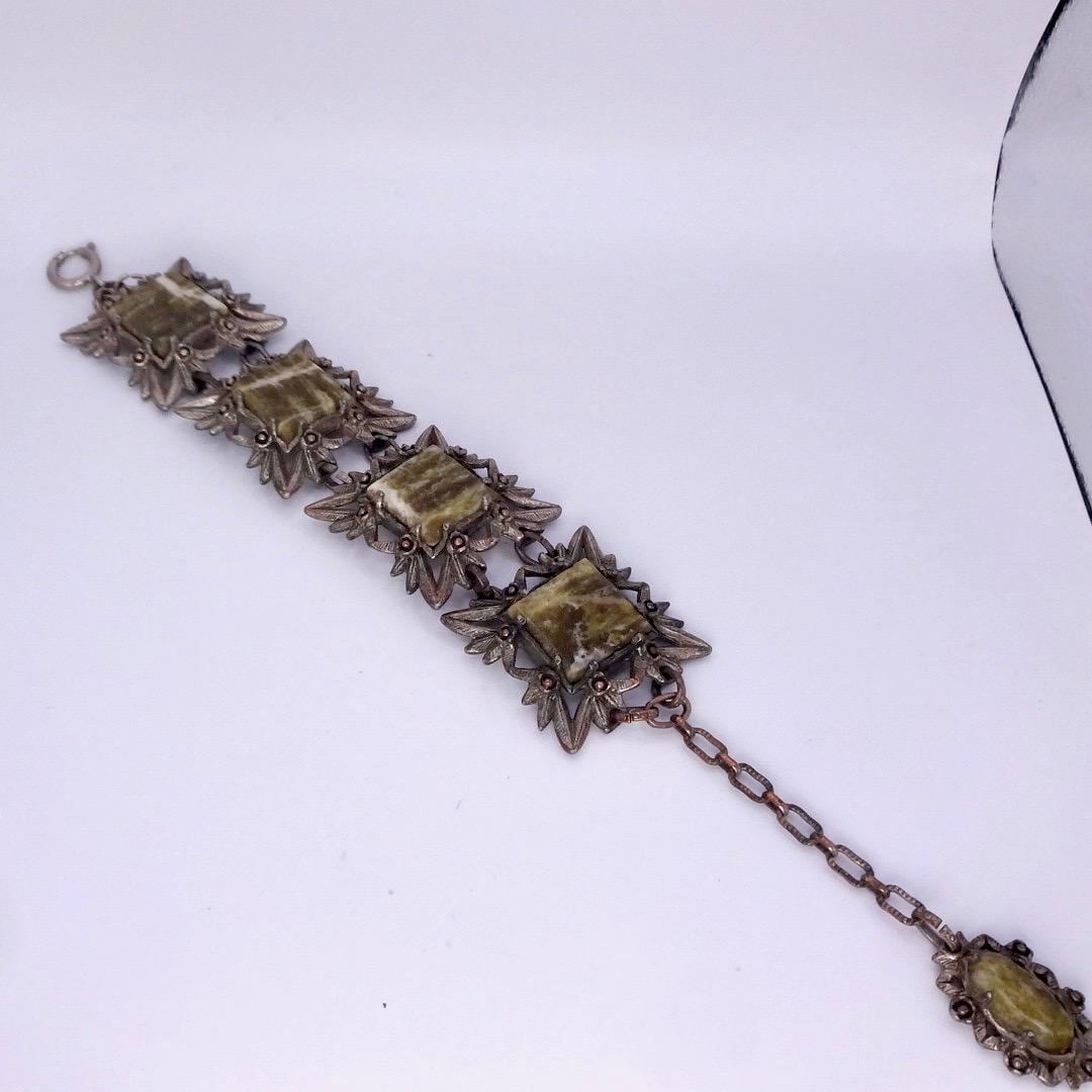 Vintage Gothic Silver Pewter Green Onyx Bracelet