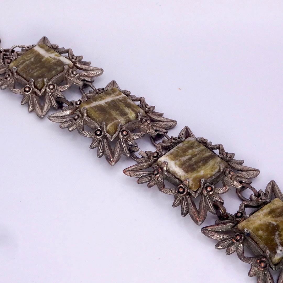 Vintage Gothic Silver Pewter Green Onyx Bracelet