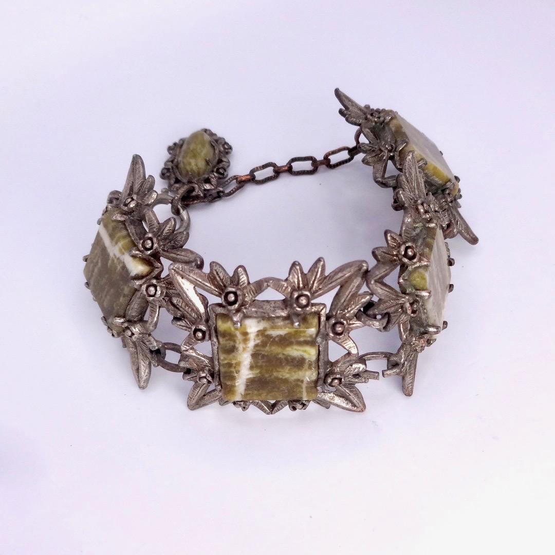Vintage Gothic Silver Pewter Green Onyx Bracelet