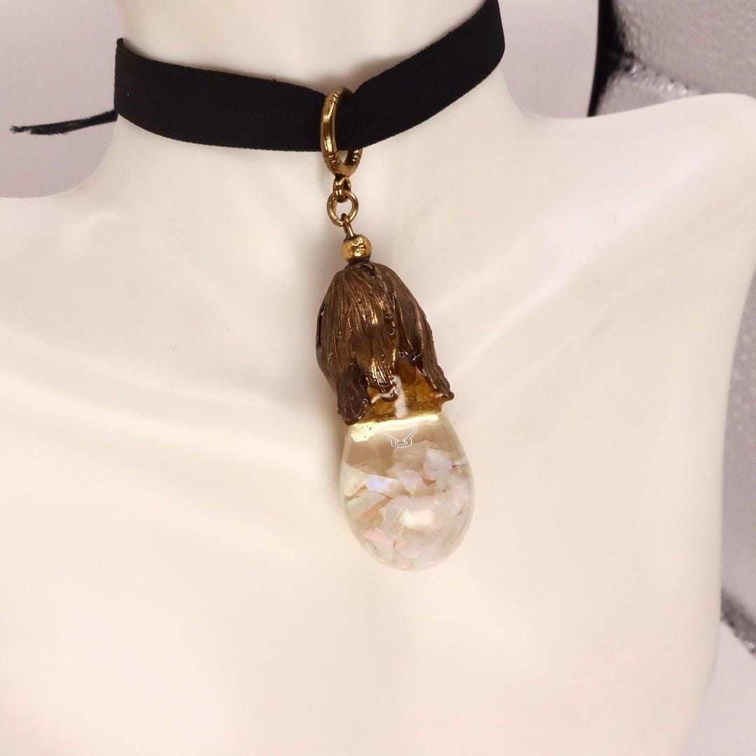 Vintage White Floating Opal Choker Pendant Necklace Black Choker