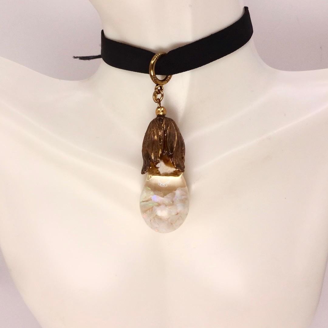 Vintage White Floating Opal Choker Pendant Necklace Black Choker