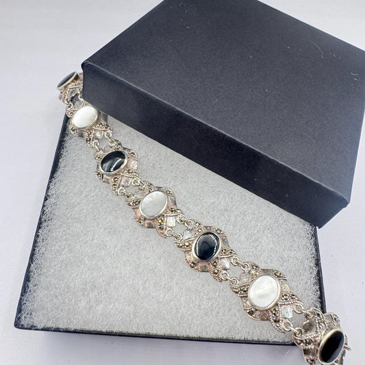 Vintage Marcasite & Black Onyx MOP Sterling Silver Bracelet