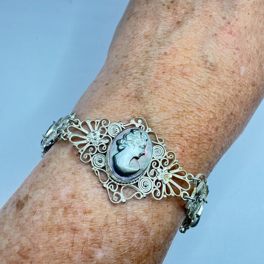 Vintage Abalone Cameo Bracelet 925 Sterling Silver 7 inches