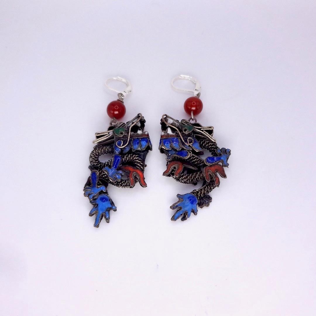 Antique Vintage Asian Blue Dragon 925 Sterling Silver Dangle Lever Back Earrings