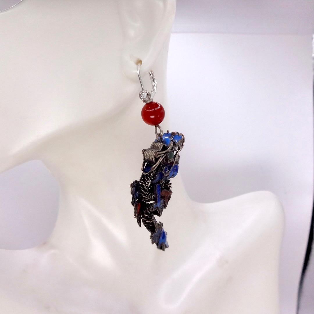 Antique Vintage Asian Blue Dragon 925 Sterling Silver Dangle Lever Back Earrings