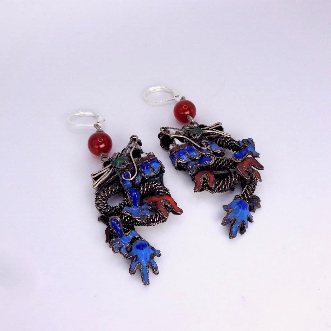 Antique Vintage Asian Blue Dragon 925 Sterling Silver Dangle Lever Back Earrings