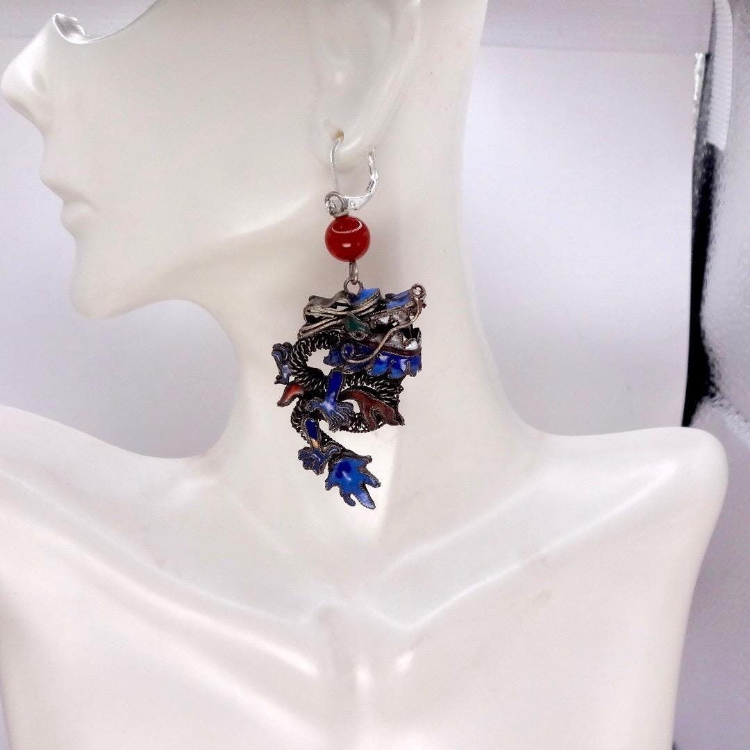 Antique Vintage Asian Blue Dragon 925 Sterling Silver Dangle Lever Back Earrings