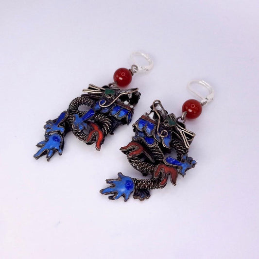 Antique Vintage Asian Blue Dragon 925 Sterling Silver Dangle Lever Back Earrings