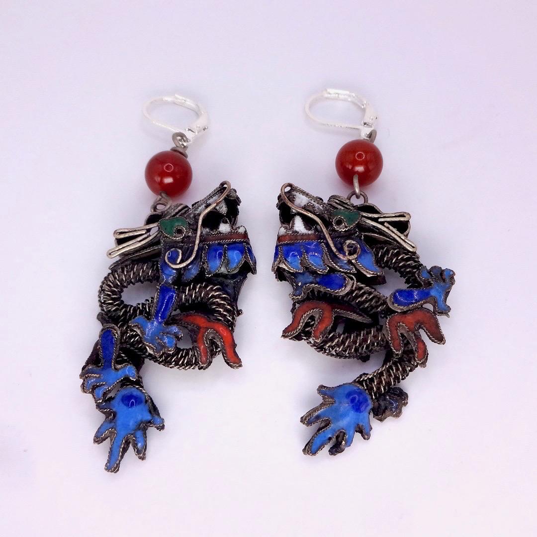 Antique Vintage Asian Blue Dragon 925 Sterling Silver Dangle Lever Back Earrings