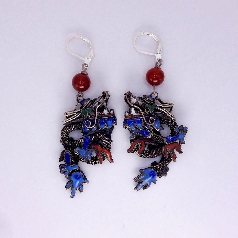 Antique Vintage Asian Blue Dragon 925 Sterling Silver Dangle Lever Back Earrings