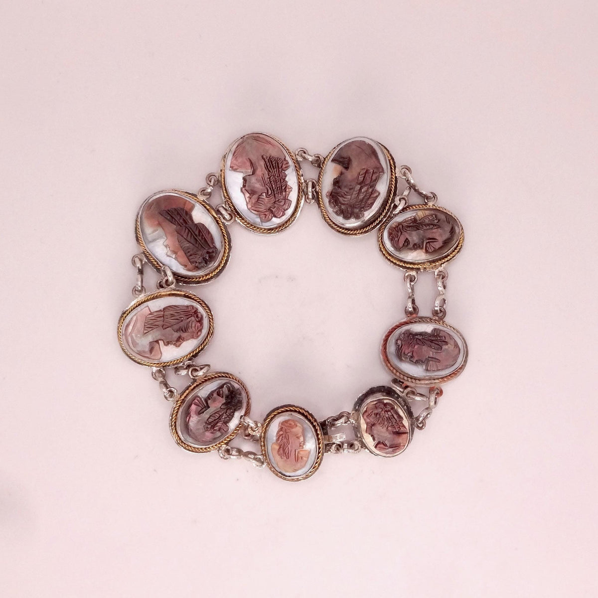 Vintage Abalone Cameo Bracelet 925 Sterling Silver 7 inches