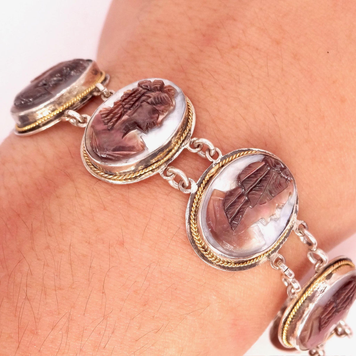 Vintage Abalone Cameo Bracelet 925 Sterling Silver 7 inches