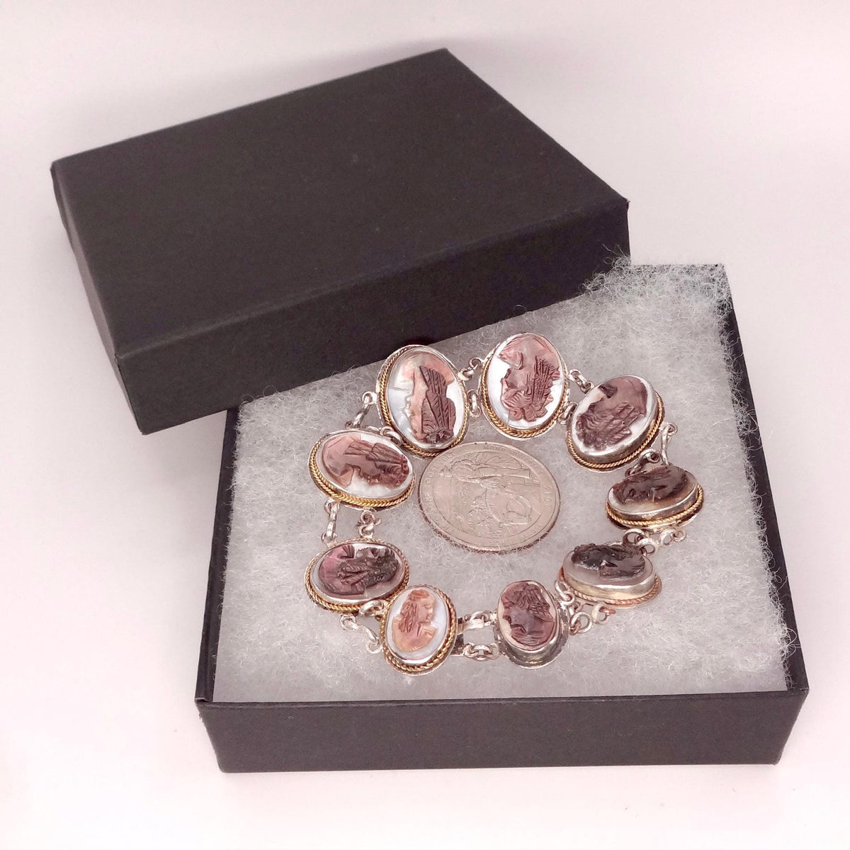 Vintage Abalone Cameo Bracelet 925 Sterling Silver 7 inches