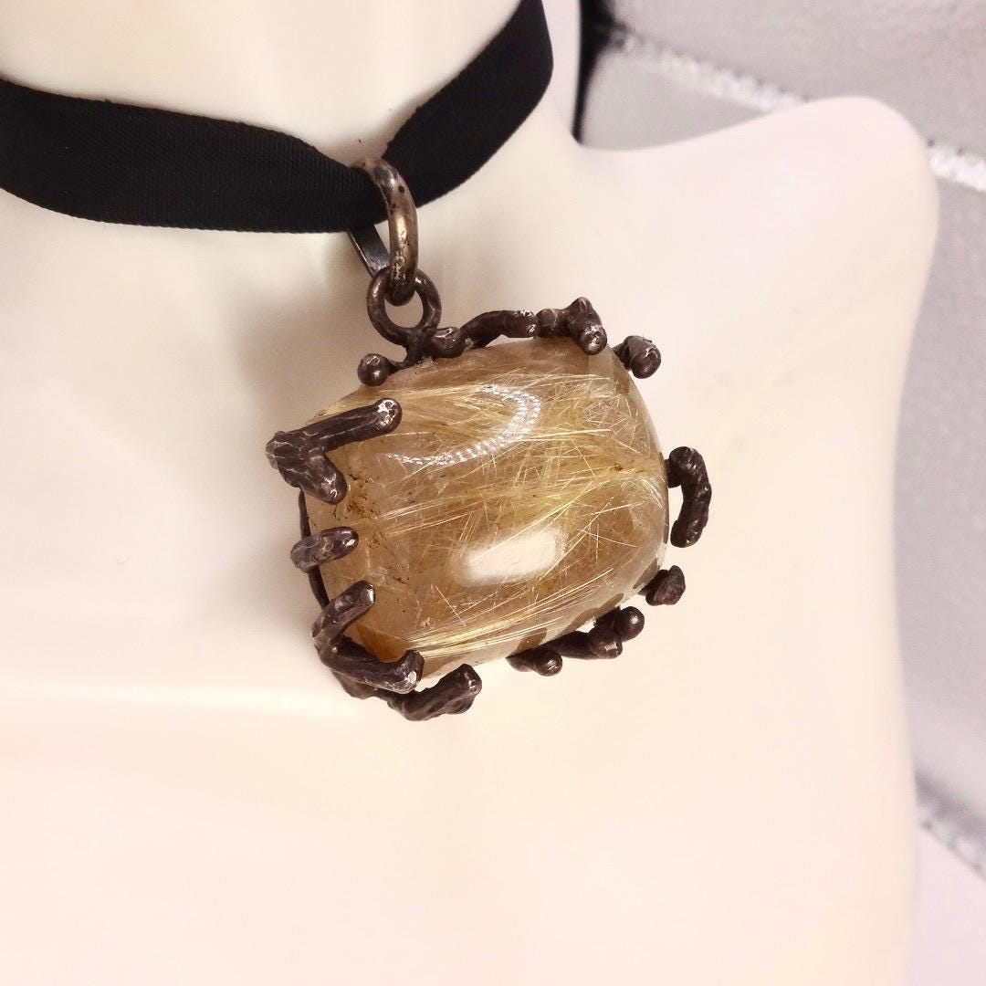 Vintage Rutilated Quartz Black Velvet Choker Pendant 925 Sterling Silver